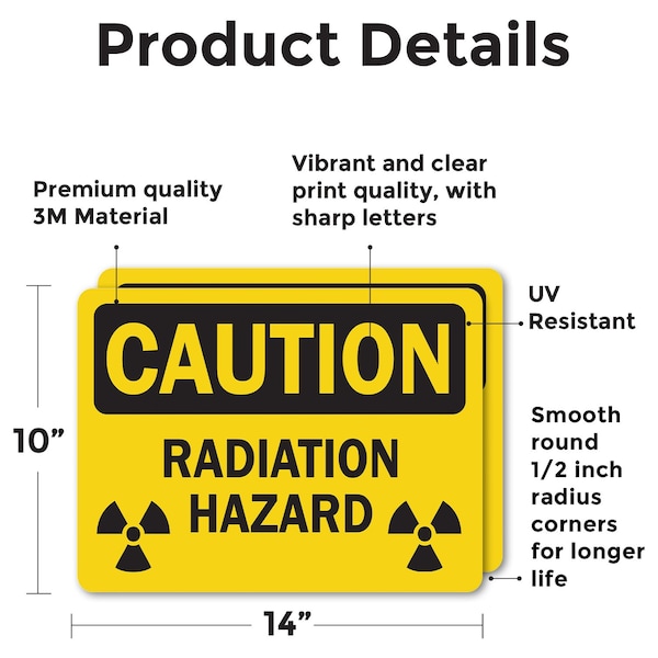 Radiation Hazard With Biohazard Graphic Caution Sign, Vinyl Decal, 14in W X 10in L, 2PK